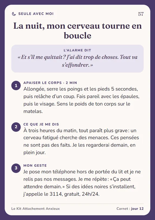 Carte 57 · Seule avec moi : La nuit, mon cerveau tourne en boucle